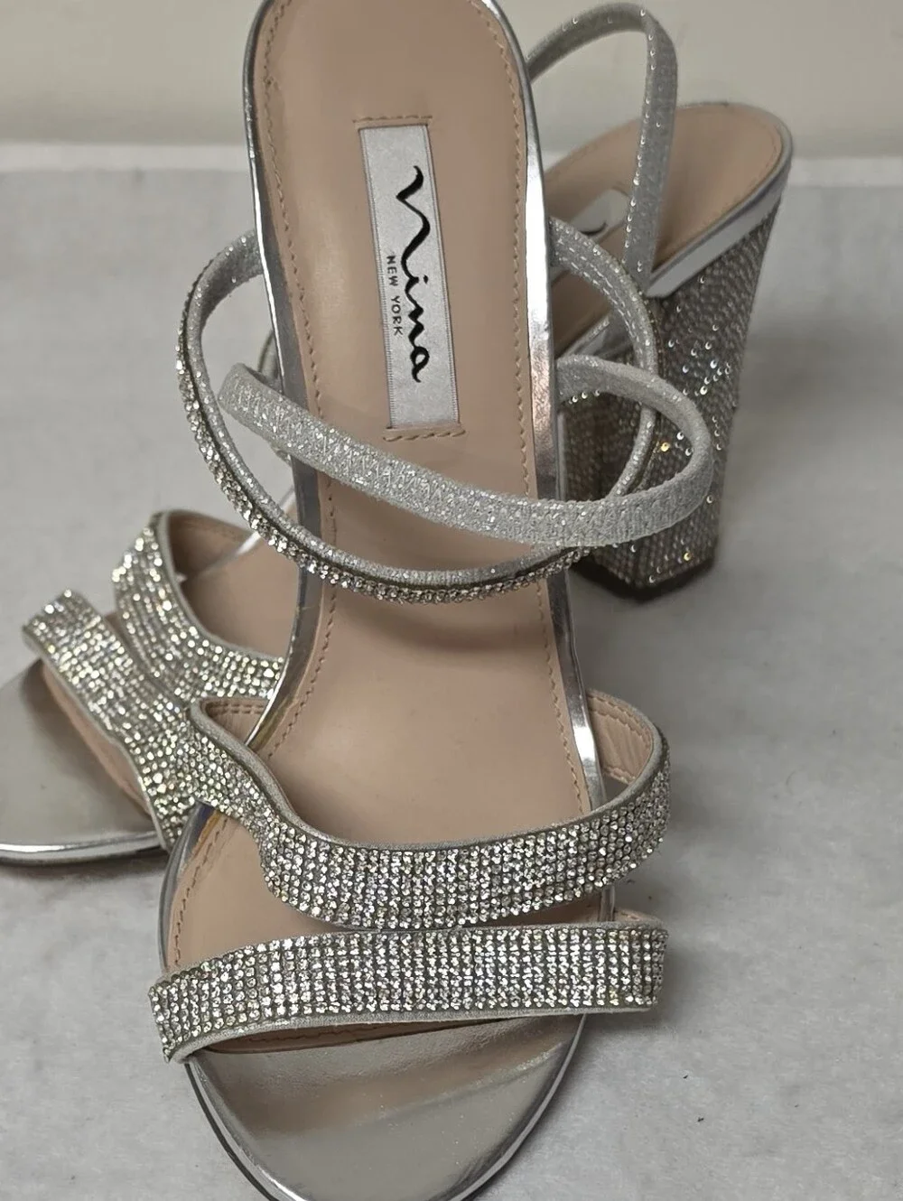 Nina Shoes Silver Crystal Block Heel Sandals